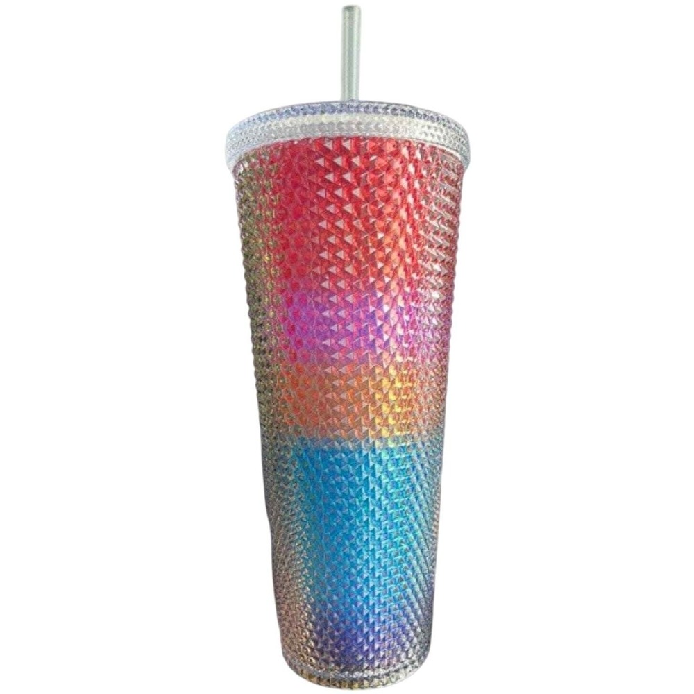 Multicolor Rainbow Studded Cold Cup Tumbler w/ Lid & Straw 24 Oz New In Box
